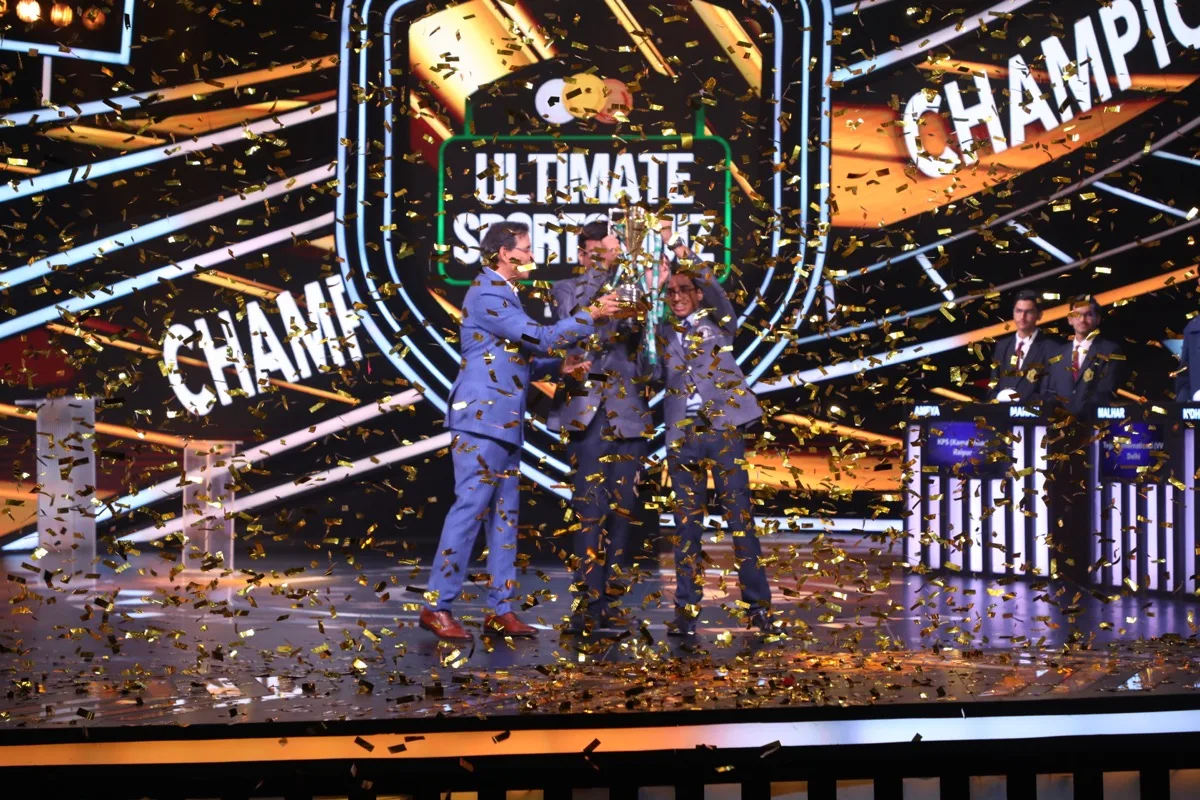 Trophy handover with gold confetti